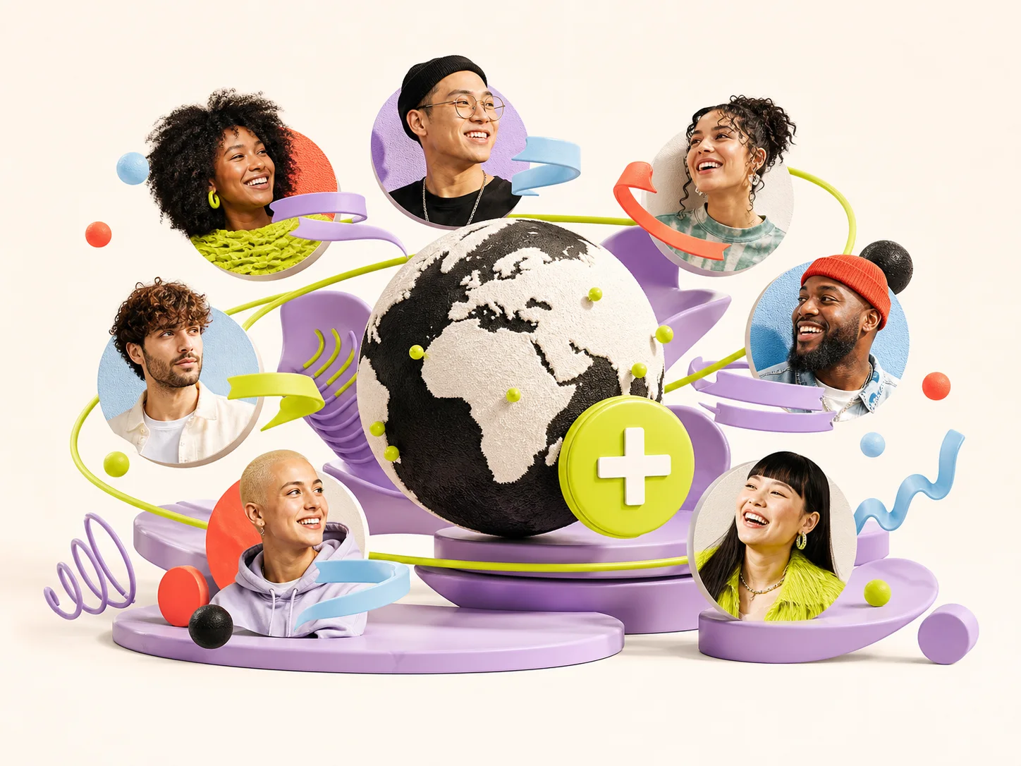 Editorial globe collage surrounded by a diverse creator audience