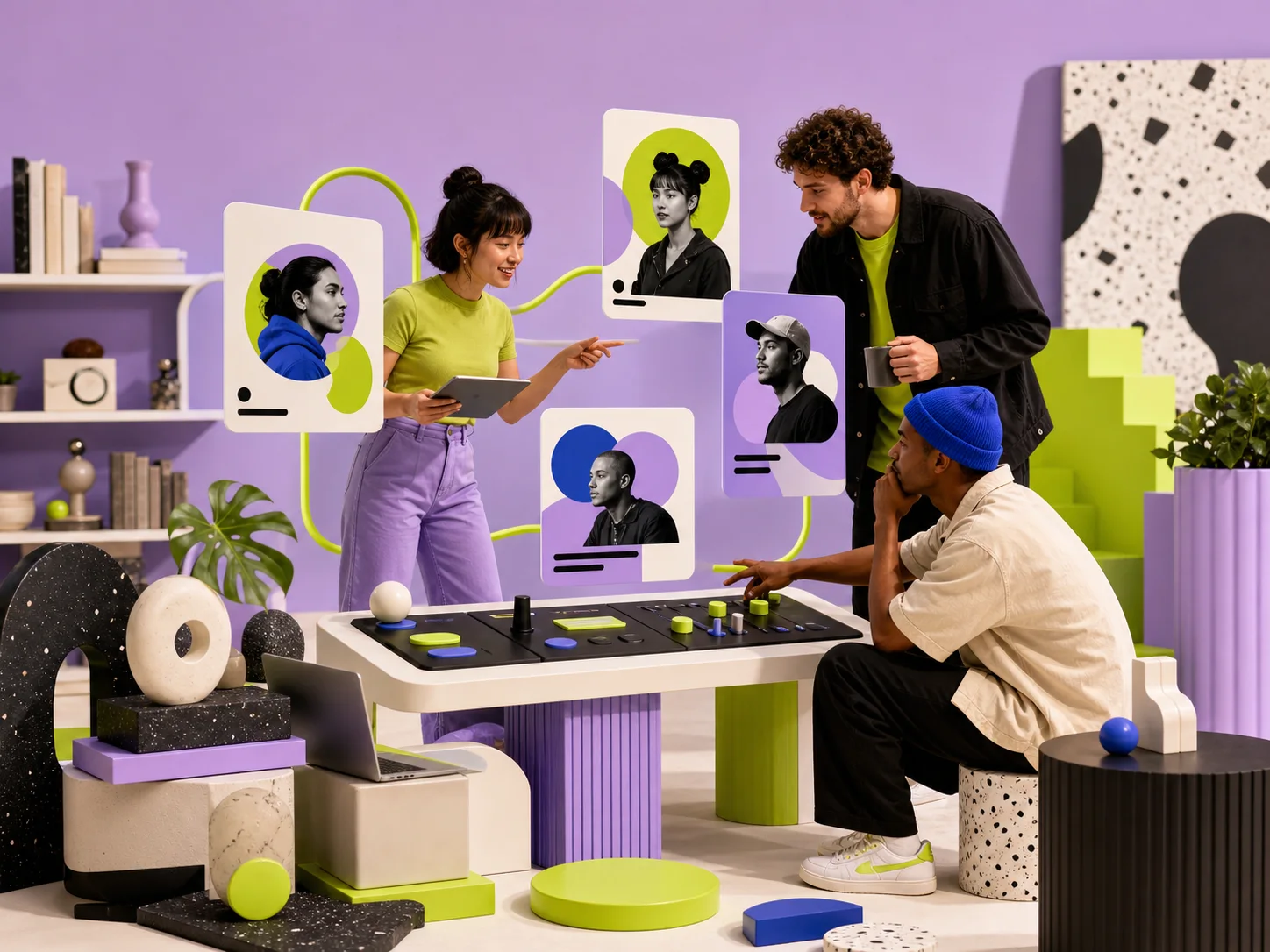 Creative team collaborating across several creator profiles