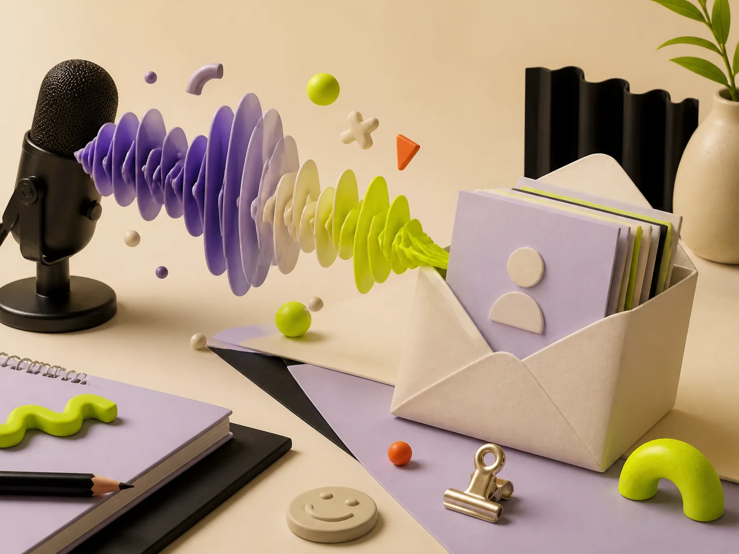 Editorial still life of a voice wave flowing into captured contacts